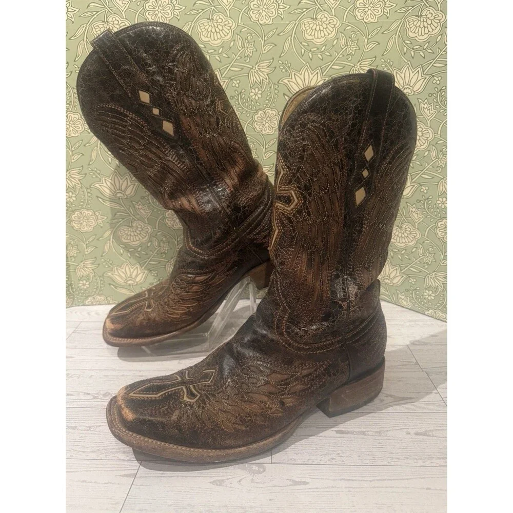 Corral Mens 7.5D A1978 Wing & Cross Brown Cracked Leather Boots Square Toe